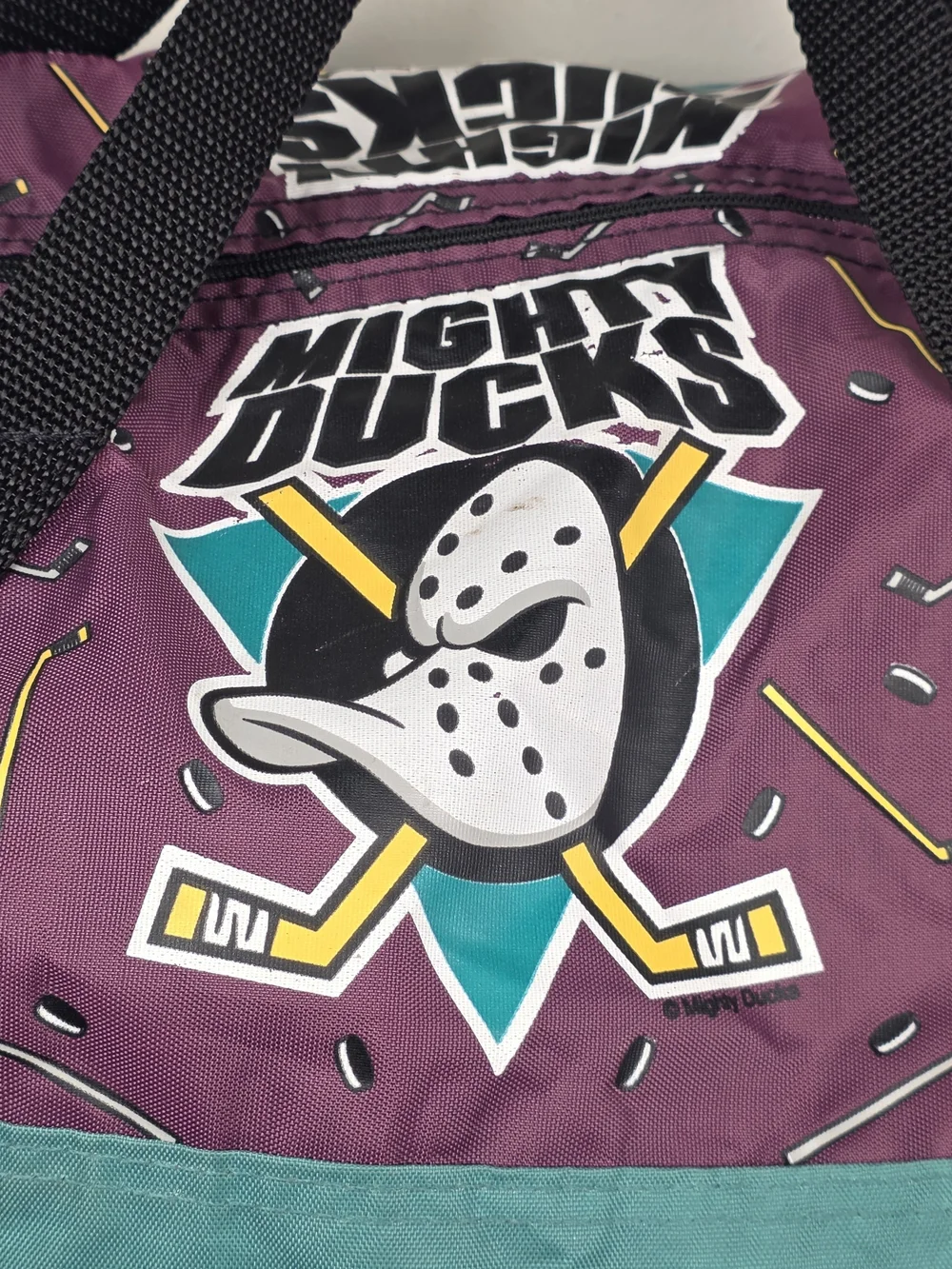 Vintage 90s Disney Mighty Ducks Purple Teal Duffel Bag Made USA